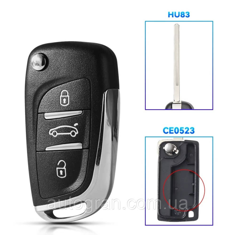Корпус викидного ключа 3 кнопки Peugeot HU83