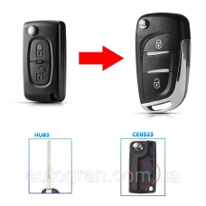 Корпус викидного ключа 2 кнопки Peugeot HU83